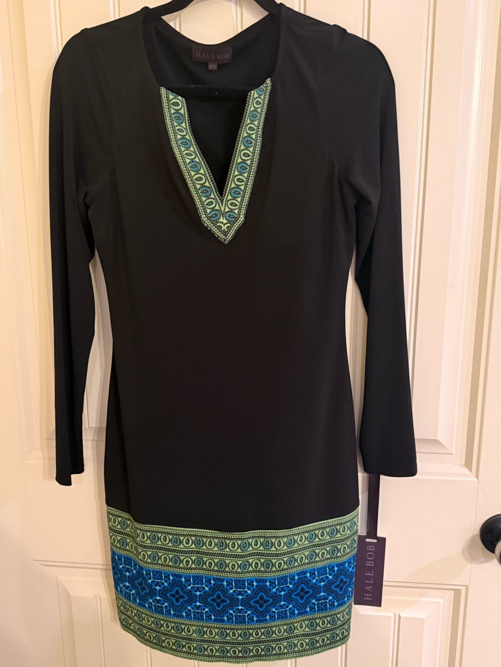 Hale Bob Paisley Trim Pleated Long Sleeve Mini Dress Black XS - Picture 3 of 12